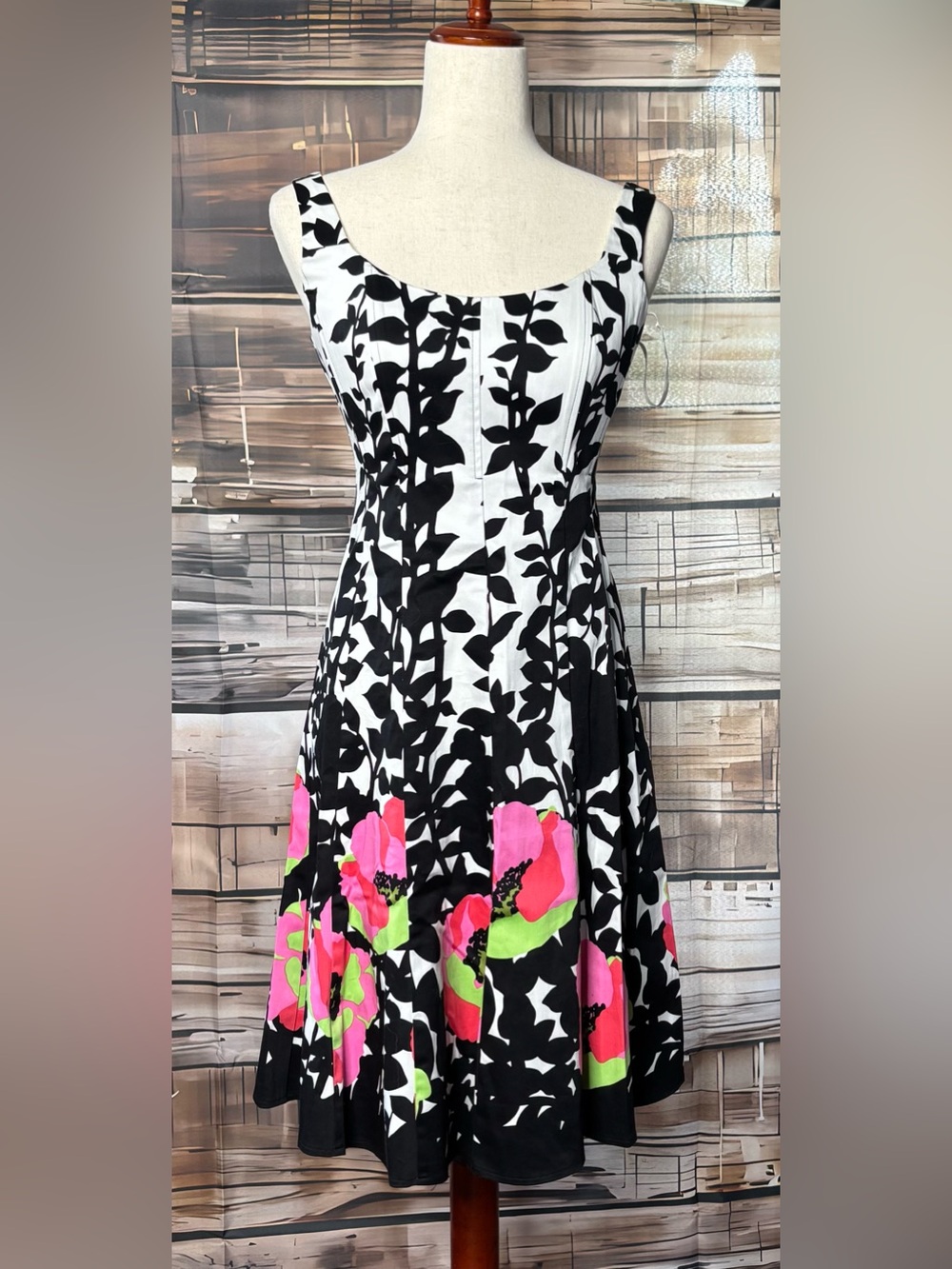 Nine West Black White Hot Pink Floral Fit & Flare Dress 2 Flaw